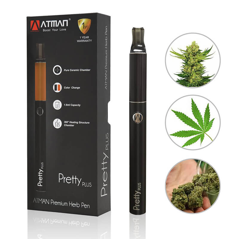 Atman Pretty Plus Protable Dry Herb Pen, melhor kit de vaporizador de ervas com bateria de 900mAh e câmara de aquecimento de cerâmica de 1,6 ml -preto