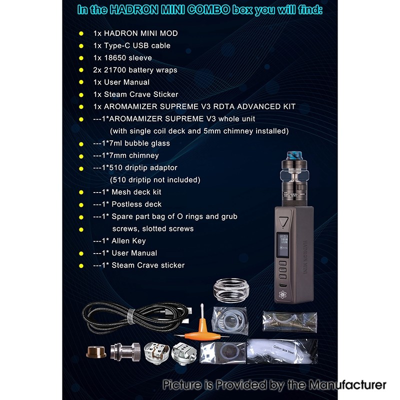 Authentic Steam Crave Hadron Mini DNA100C 100W Box Mod Kit with Supreme V3 RDTA Vape Atomizer 1~100W, 6ml / 7ml